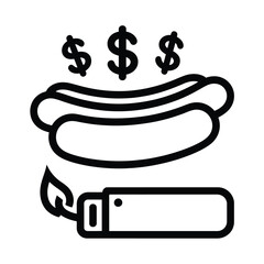 Hot dog with dollar signs and flames indicating high cost or profit