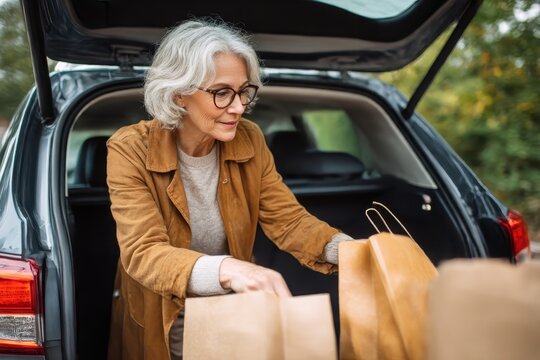 Older Caucasian mature business woman shopper customer senior buyer client female elderly lady car auto driver opening automobile trunk put loading shopping bags in vehicle delivery order in park ...