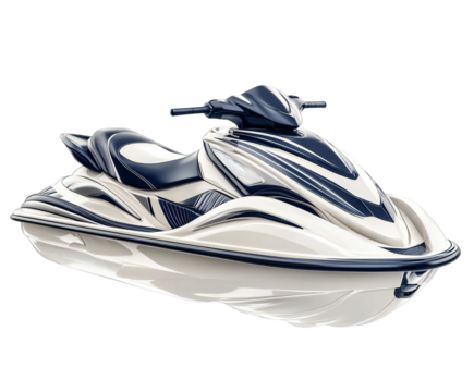 Photo of a sleek, modern white and blue jet ski positioned dynamically, reflecting on a white surface, isolated on a transparent background
