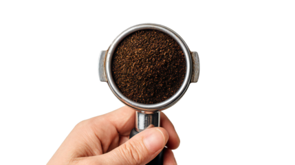 Photo of a closeup of a hand holding a metal portafilter filled with finely ground coffee, isolated on a transparent background