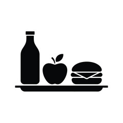 Simple black silhouette of a school lunch tray with a drink apple and burger