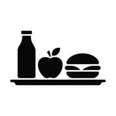 Simple silhouette of a school lunch tray with a burger apple and drink