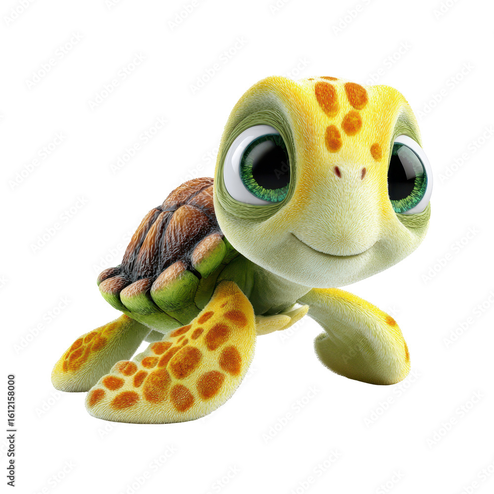 Aufkleber cute animated turtle character named crush smiling and swimming in a colorful underwater environment