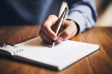 Close up of hand writing notes in spiral notebook with pen on wooden desk