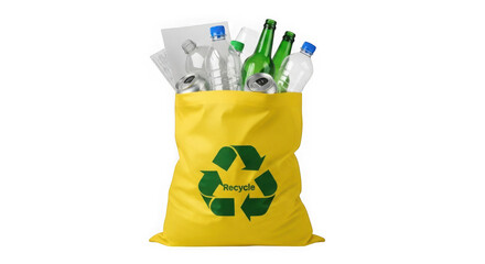 A yellow recycling bag filled with plastic bottles and cans isolated on transparent background