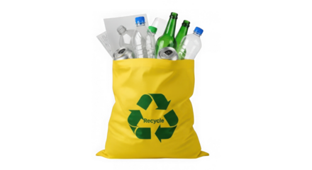 A yellow recycling bag filled with plastic bottles and cans isolated on transparent background