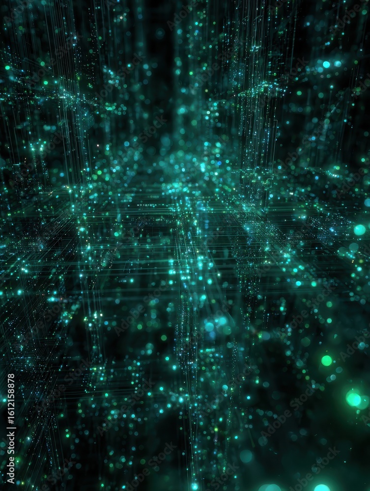 Poster glowing matrix of secure network nodes and encrypted data streams