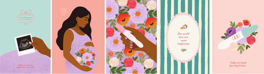 Pregnancy. Vector cute illustration of pregnant woman, expectant mother, ultrasound photo with big belly, positive pregnancy test in flowers, floral pattern with hand for greeting card, poster © Ardea-studio