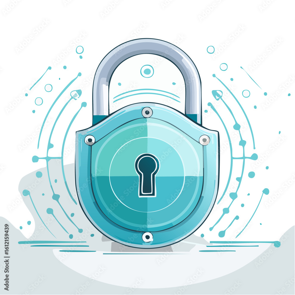 Poster padlock shield securing digital data with lines and dots representing network connections