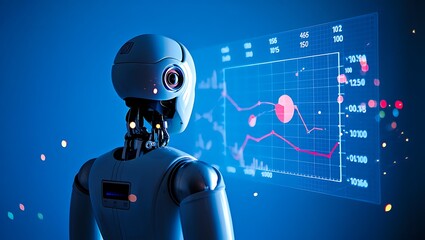 Robot analyzing complex data on a futuristic digital screen