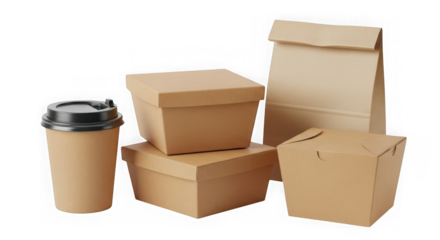 Takeaway food packaging including boxes, a cup, and a bag isolated on transparent background