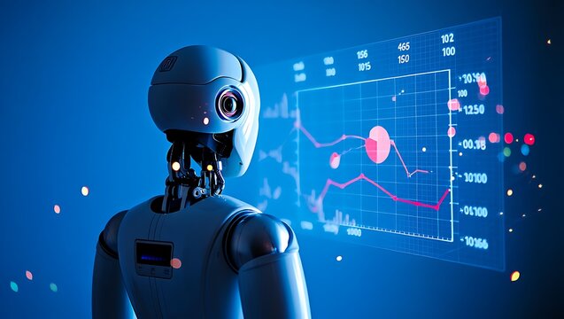 Robot analyzing complex data on a futuristic digital screen - Powered by Adobe