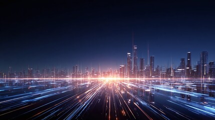 Fototapeta premium Futuristic city illuminated by vibrant light trails, embodying technological advancement, and modern urban development, set against a twilight backdrop.
