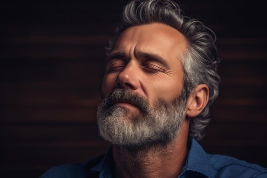 Portrait of a middle aged man with closed eyes, gray hair and beard, conveying a sense of peace and relaxation