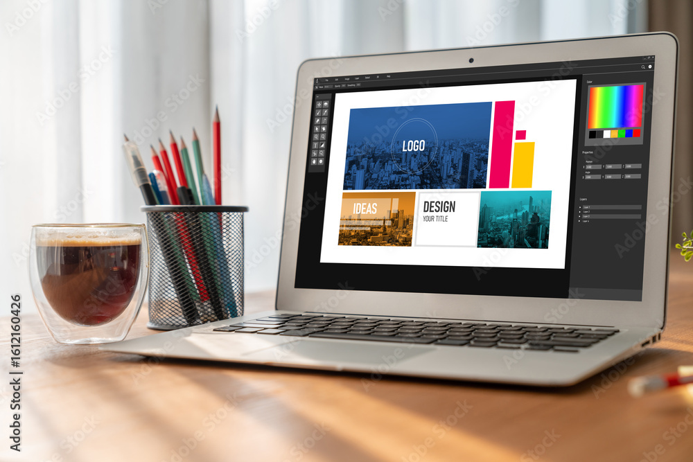 Poster graphic designer software for modern design of web page and commercial ads showing on the computer s