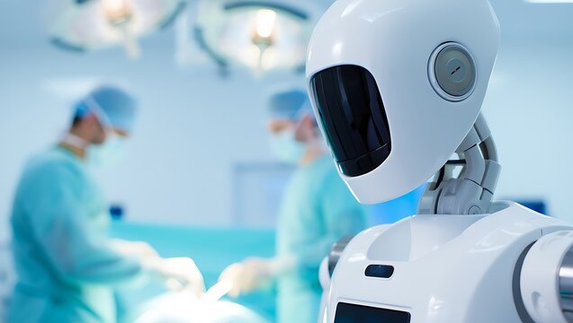 Robot assisting surgeons in modern operating room with advanced technology