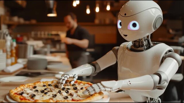 AI chef robot assists during prepare pizza, The human chef joyful interaction between tradition and future tech.