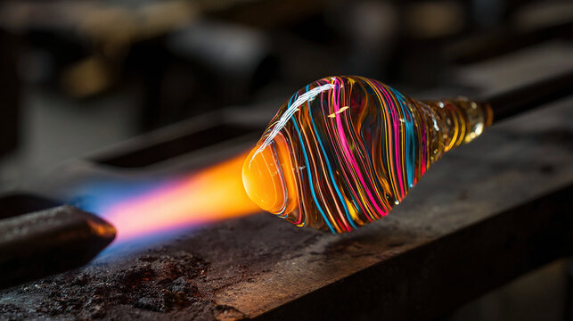 Molten glass with swirling colorful ribbons