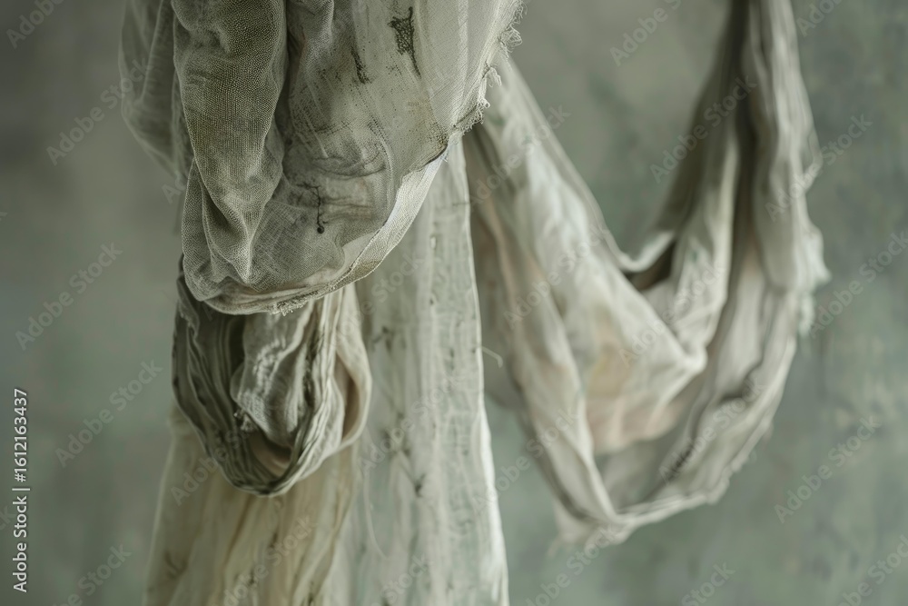 Poster close up of an old dirty rag hanging and flowing on a green background, creating an abstract and tex