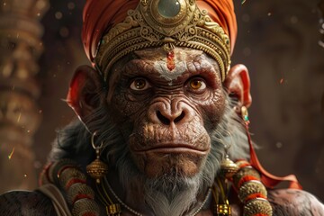 Obraz premium Majestic monkey king exudes power and wisdom, adorned in a golden crown and traditional garments