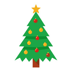 Festive green christmas tree adorned with red and gold baubles and a golden star on top isolated on transparent background