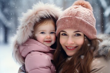 Obraz premium Mother and daughter wearing warm winter clothes enjoying snowfall in a forest