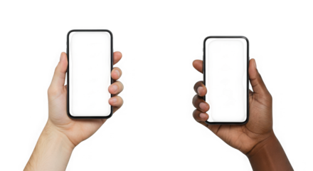 Two hands holding smartphones with blank white screens on a transparent background