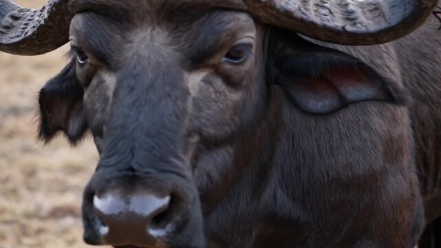 Intensive Nahaufnahme eines Afrikanischen B&uuml;ffels mit direktem Blick