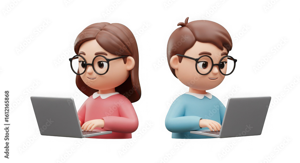 Fototapete cartoon characters using laptops on a transparent background in a digital rendering