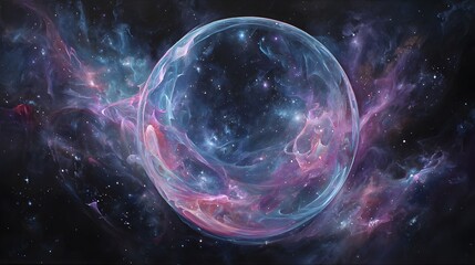 Futuristic cosmic abstract painting depicting neon pink blue energy stream wrapping around translucent orb placed realistic dark galaxy background scattered white star distant glowing cluster high