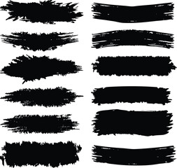 Grunge black ink brush stroke vector set with messy texture for design elements