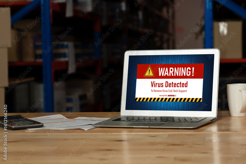 Poster virus warning alert on computer screen detected modish cyber threat , hacker, computer virus and mal