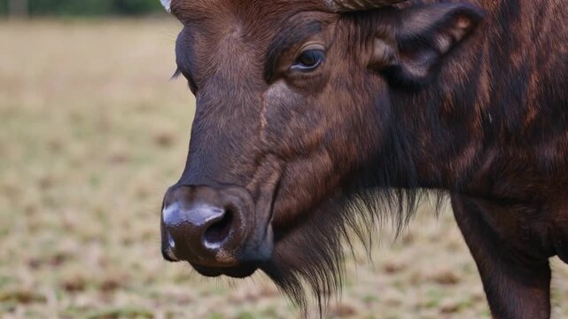 Nahaufnahme eines Afrikanischen B&uuml;ffels beim Grasen in der Savanne