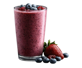 Photo of a tall glass filled with a vibrant berry smoothie, topped with fresh blueberries and raspberries, with whole berries scattered around, isolated on white isolated on transparent background