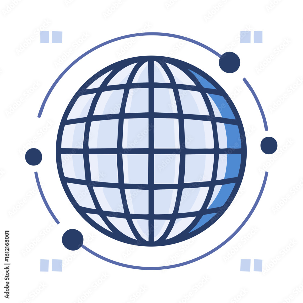 Aufkleber global network icon with nodes and data points on black background