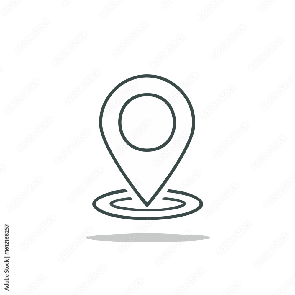 Poster simple white map pointer icon on black background indicating location, travel destination, or direct