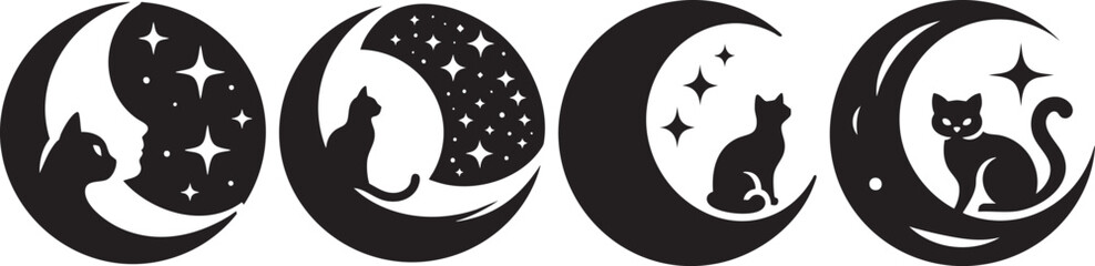 Black Cat Silhouette On Crescent Moon With Stars Night Sky Vector Art