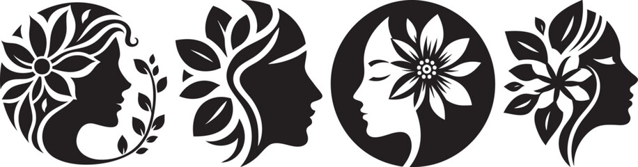 Elegant Silhouette Faces Adorned with Nature Elements Feminine Beauty Concepts