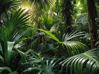 Lush Tropical Palm Leaf Jungle Under Sun-Dappled Canopy