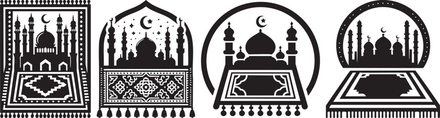 Collection of Islamic Prayer Rugs with Mosques and Crescent Moon Designs