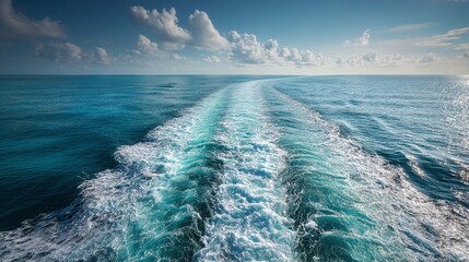 Vibrant ocean waves trail a vessel under a serene sky. A beautiful and dynamic seascape capturing movement and the tranquility of open water.
