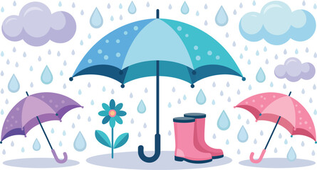 Charming rainy day vector art with pastel umbrellas, raindrops, flower, and boots for spring projects