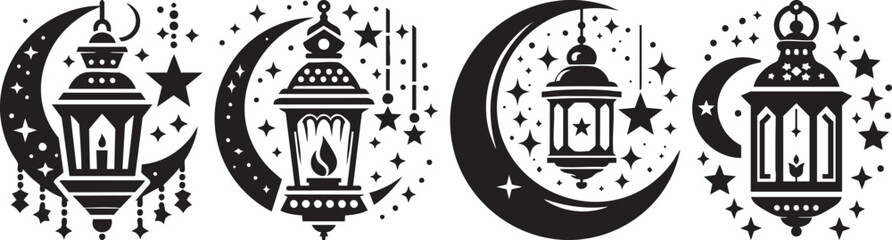 Islamic Crescent Moon and Lanterns with Stars Islamic Holiday Decorative Elements
