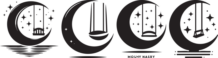 Abstract Crescent Moon with Swing and Stars Celestial Graphic