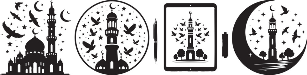 Islamic Mosque Silhouette Collection Birds Crescent Moon Minaret Dome