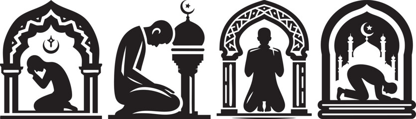 Islamic Prayer Poses Silhouette Collection for Worship and Spirituality