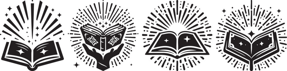 Collection of Four Open Books Radiating Light and Spiritual Knowledge