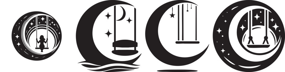 Silhouette of Child on Swing Under Crescent Moon and Stars Night