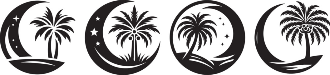 Crescent Moon Palm Tree Tropical Island Silhouette Collection