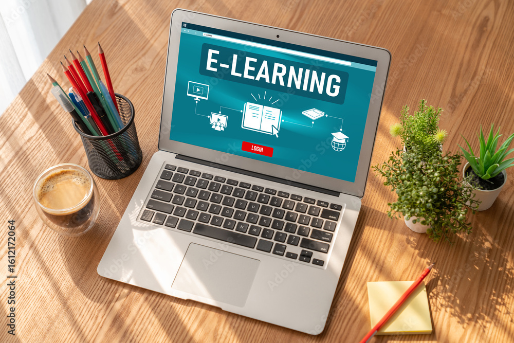 Poster e-learning website with modish sofware for student to study online on the internet network